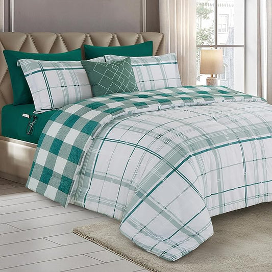 Elegant Comfort 8-Piece Lodge Plaid Reversible Comforter Set - All Season Bed in a Bag, 4-Piece Sheet Set Featuring Smart Pockets, Matching Shams and Decorative Pillow, Full/Queen, Sage