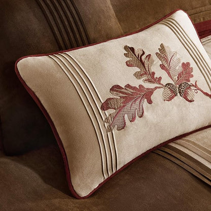 Madison Park Cozy Comforter Set Casual Blocks Design All Season, Matching Bed Skirt, Decorative Pillows, Queen(90"x90"), Red Brown, 7 Piece