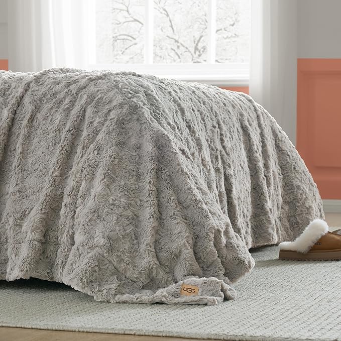 UGG Faux Fur Full/Queen Blanket, Double-Sided Fluffy Blanket, Cozy Oversized Throw for Couch, Washable Bedding for Full or Queen Bed, Luxury Home Decor, 90" x 90", Seal Grey (Adalee)