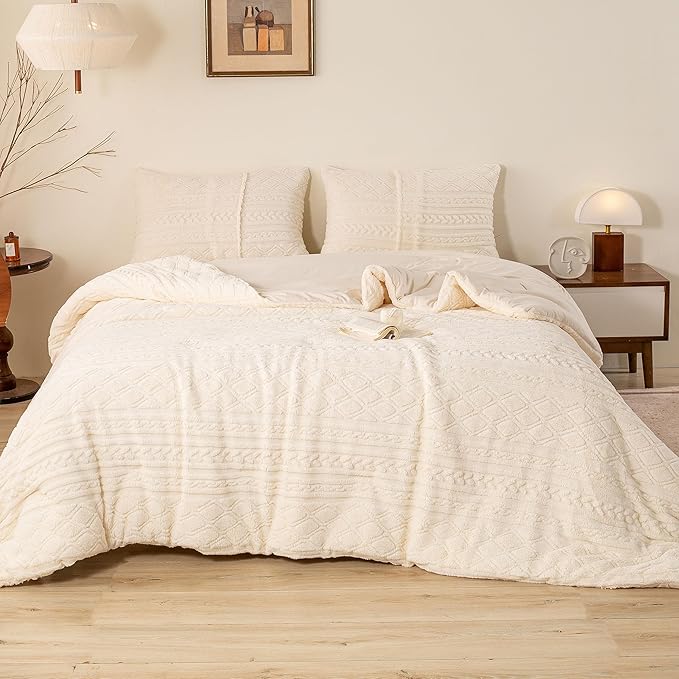 Warm Plush 3D Jacquard Boho Sherpa Fleece Twin Comforter Set for Children Kid - Cream, Twin/Twin XL Reversible Soft Bedding Comforter Set Fluffy Surface for Cozy Autumn Winter Night Christmas