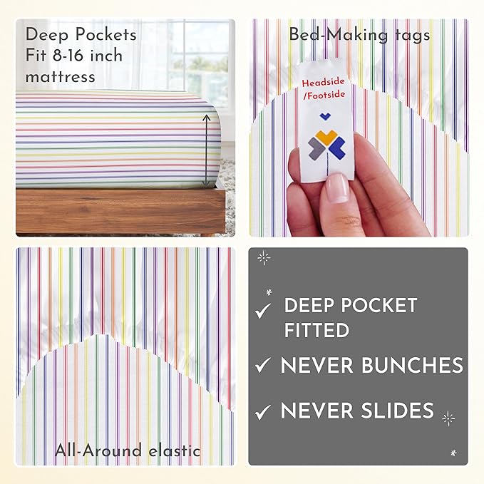 California Design Den Full Size Bed Sheets Set - 400 Thread Count Sateen, Natural 100% Cotton Sheets, Deep Pocket and Durable Bedding Set - Rainbow Striped