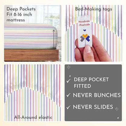 California Design Den Full Size Bed Sheets Set - 400 Thread Count Sateen, Natural 100% Cotton Sheets, Deep Pocket and Durable Bedding Set - Rainbow Striped