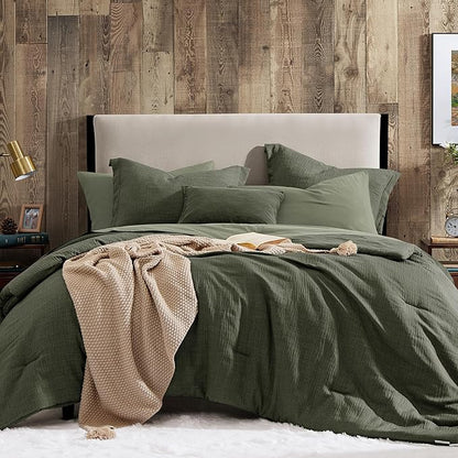 Geniospin Dark Olive Green Full Comforter Set - 7 Pieces Comforter Full Size, Solid Bedding Set for All Season, Textured Bed in a Bag with Sheets