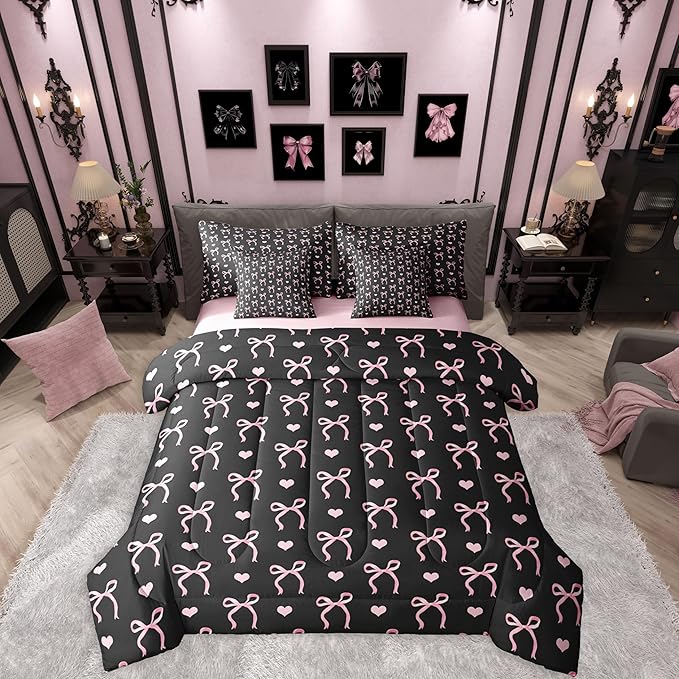 Erosebridal Love Hearts Bowknot Black Pink Full Comforter Set 7 Pieces | Bow Kawaii Cute Dreamy Bed in A Bag for Bedroom Ribbon Girly Kids Bedding Set with Comforters Teens Adults Women Room Decor