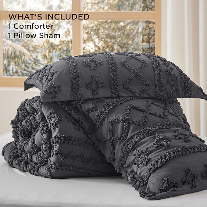 Bedsure Tufted Boho Comforter Set Twin Size - Dark Grey Boho Bed Set, GentleSoft™ 2 Pieces Farmhouse Shabby Chic Embroidery Bedding, Gifts for Woman, Soft Jacquard Twin Comforter for All Seasons