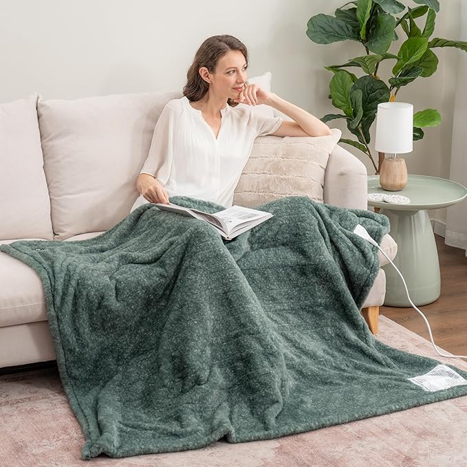 Berkshire Blanket Heated Throw Blanket, Grace Fur to Loftmink Reversible Electric Throw with 4 Heat Levels, Fast Heating Printed Throw for Couch and Bed, Auto Shut-Off Feature (50"x60")