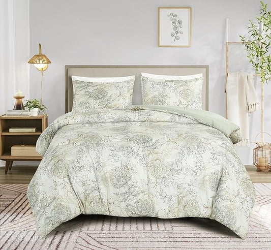 Chezmoi Collection Clematis 2-Piece Tranquil Floral Comforter Set Twin - Soft Green Gray Floral Floral Printed Microfiber Lightweight Bedding Set for All Season