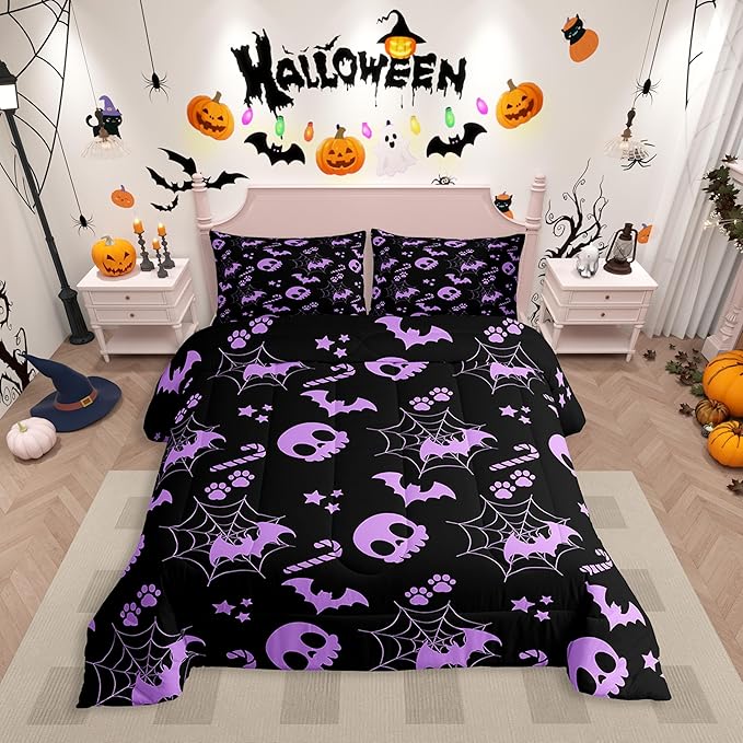 Erosebridal Cute Purple Halloween King Bedding Set Spider Web Skull Bat Comforter Set Spooky Goth Gothic Animal Bed Collections Horror Halloween Duvet Quilt Sets for Kids Teens Adults