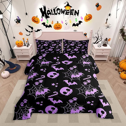 Erosebridal Cute Purple Halloween King Bedding Set Spider Web Skull Bat Comforter Set Spooky Goth Gothic Animal Bed Collections Horror Halloween Duvet Quilt Sets for Kids Teens Adults