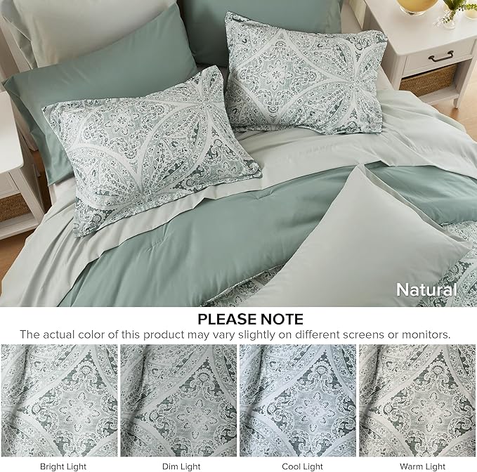 Comfort Spaces Bed in A Bag Comforter Set - Trendy Casual Design Full Comforter with Complete Sheet Set with Side Pocket, All Season Comforter, Shams, Gloria, Full Green 9 Piece
