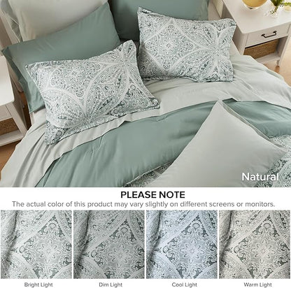 Comfort Spaces Bed in A Bag Comforter Set - Trendy Casual Design Queen Comforter with Complete Sheet Set with Side Pocket, All Season Comforter, Shams, Gloria, Queen Green 9 Piece