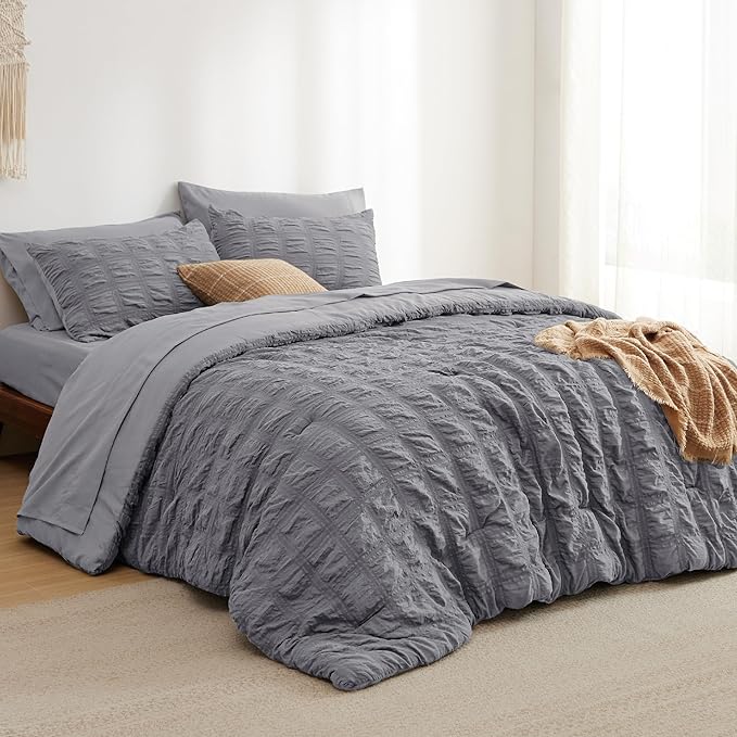 Bedsure Bed in a Bag Full - 7 Pieces Plaid Seersucker Bedding Comforter Sets, Soft Lightweight Grey Boho Bed Set with Comforters Full Size, Sheets, Pillowcases & Shams