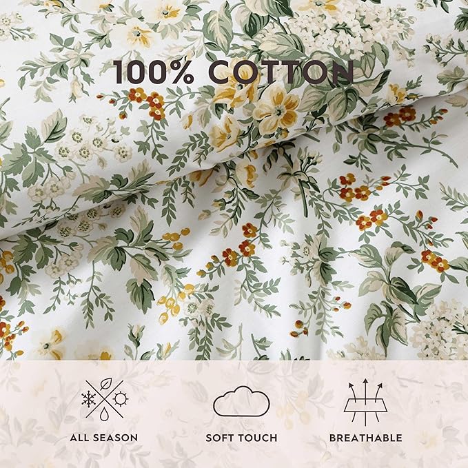 Laura Ashley - Twin Comforter Set, Soft Cotton Bedding with Matching Shams, Floral Home Decor, Oeko-Tex Certified (Country Meadow Gold, Twin)