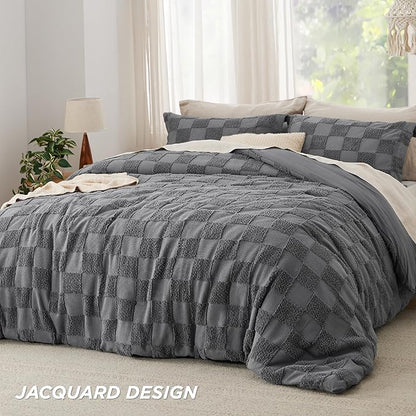 Bedsure Queen Size Comforter Set Dark Grey, Boho Tufted Bed Set, Checkered Farmhouse Shabby Chic Bedding, 3 Pieces, 1 Plaid Geometric Comforter and 2 Pillow Shams