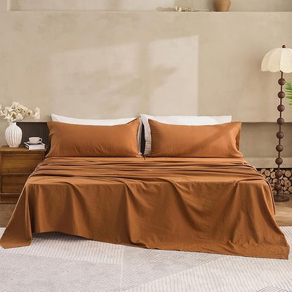 Simple&Opulence Belgian Linen Sheet Set Solid Color - 5 Pieces (1 Flat Sheet, 2 Fitted Sheets & 2 Pillowcases) Natural Flax Cotton Blend Soft Breathable Farmhouse Bedding - Split King Size, Rust