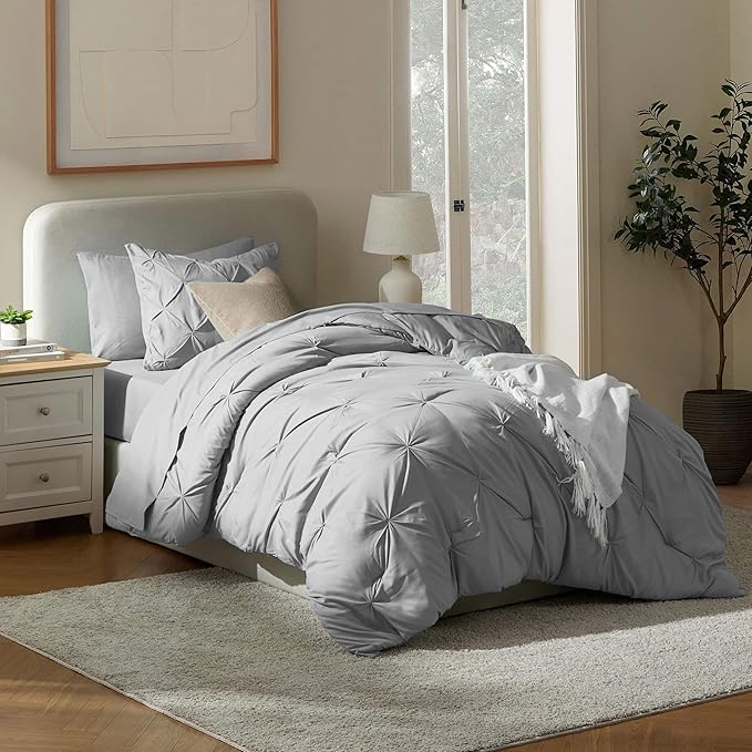 Nestl Twin Comforter Set 5 Piece - Pintuck Twin Bedding Sets Grey, College Dorm Room Essentials for Girls and Boys Bed in a Bag Twin All Season, Twin Comforter Set with Sheets, Pillowcase and Sham