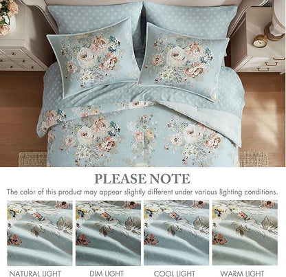 Madison Park Essentials Floral Comforter Set Queen Size, Vintage Flower Bedding Set with Sheet Set, 7 Pieces Bed in a Bag with Reversible Botanical Comforter, Pillowcases & Shams, Heather, Soft Blue
