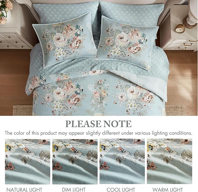 Madison Park Essentials Floral Comforter Set Twin XL Size, Vintage Flower Bedding Set with Sheet Set, 5 Pieces Bed in a Bag with Reversible Botanical Comforter, Pillowcases & Shams, Heather, Soft Blue