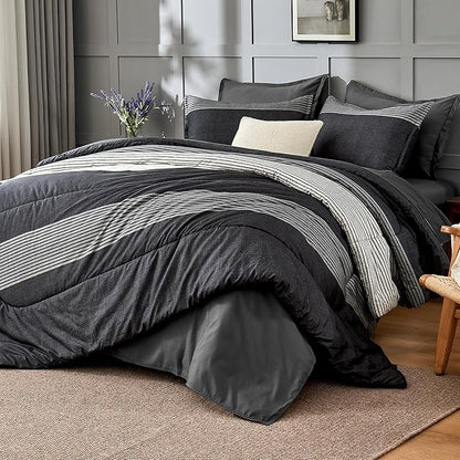 Andency Comforter Set Black White Grey Oversized King(120"x120")- 7 Pieces Striped Lightweight Bed in a Bag, Soft Reversible Bedding Set with Comforter, Fitted & Flat Sheet, Pillowcases & Shams
