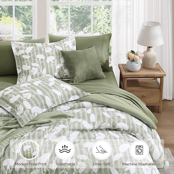 Twin XL Comforter Set -5 Pieces Floral Sage Green Bedding Set for All Seasons, Bed in a Bag with Botanical Flowers Comforter, Sheets, Pillowcase & Sham