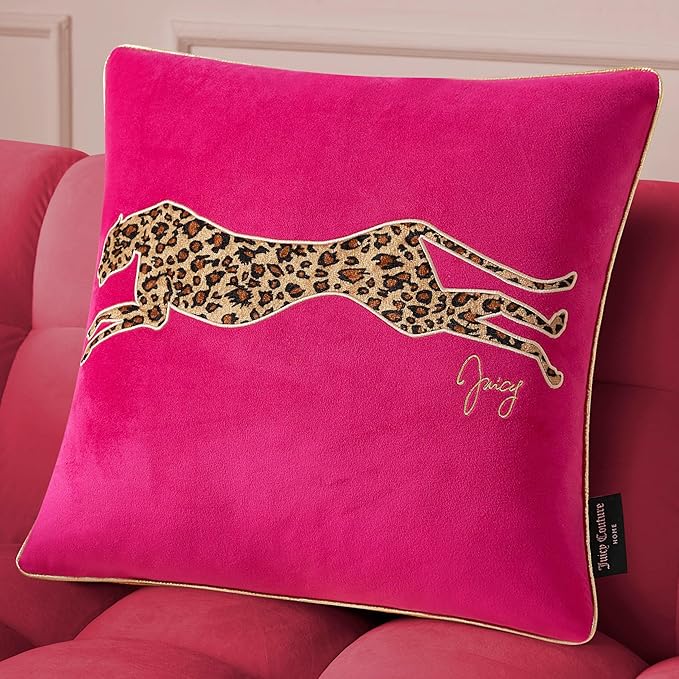 Juicy Couture Reversible Velvet Cheetah Pillow, 18" x 18" Decorative Pillow, Hot Pink