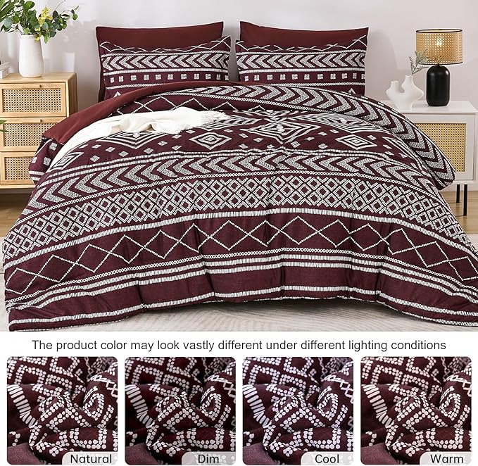 Yiran Burgundy King Comforter Set, 7 Piece Boho Striped Bedding Set, Geometric Aztec Bed in a Bag King, Soft Microfiber Bohemian Complete Bedding Set with Sheets for All Season