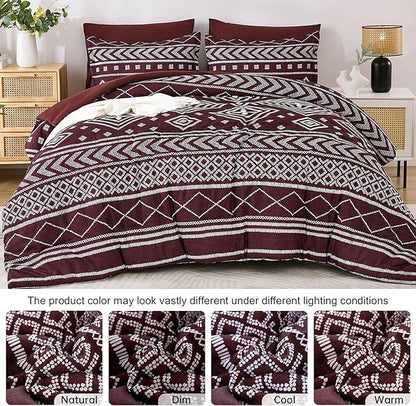 Yiran Burgundy King Comforter Set, 7 Piece Boho Striped Bedding Set, Geometric Aztec Bed in a Bag King, Soft Microfiber Bohemian Complete Bedding Set with Sheets for All Season