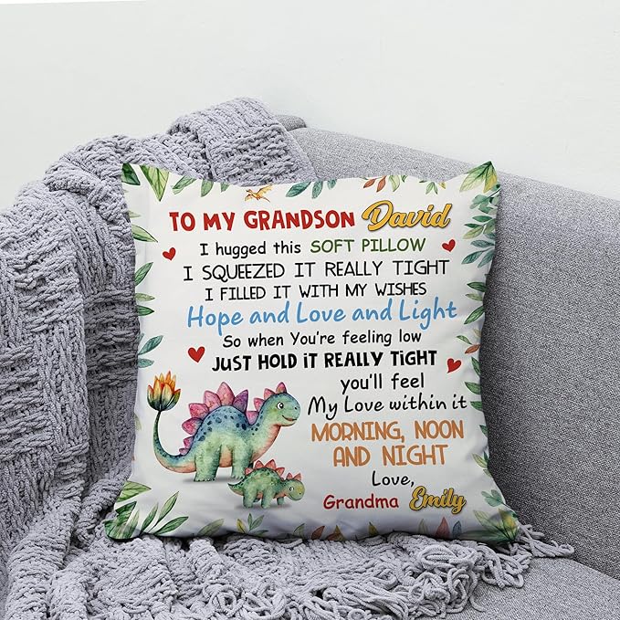 Hyturtle Personalized Grandson Pillow (Insert Included) Gifts from Grandma - Birthday Graduation for Grandson - Dinosaur Custom Name Sofa Couch Cushion Home Decor Pillow
