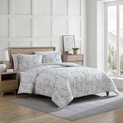 Eddie Bauer - Twin Comforter Set, Reversible Cotton Bedding with Matching Sham, Floral Print with Plaid Reverse, Medium-Weight, Dorm Essentials (Woodland Forest Grey)