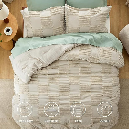 Bedsure King Size Comforter Set Linen, Boho Tufted Bed Set, Grande Checkered Farmhouse Shabby Chic Bedding, 3 Pieces, 1 Plaid Geometric Comforter and 2 Pillow Shams