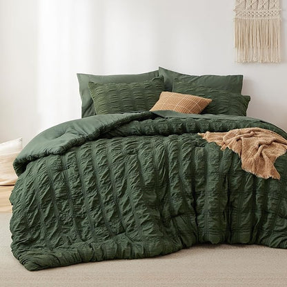 Bedsure Bed in a Bag Full - 7 Pieces Plaid Seersucker Bedding Comforter Sets, Soft Lightweight Olive Green Boho Bed Set with Comforters Full Size, Sheets, Pillowcases & Shams
