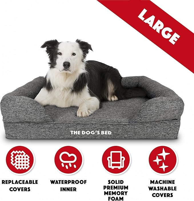 The Dog’s Bed Orthopedic Memory Foam Dog Bed with Bolsters, Linen Fabric, Grey Linen, L