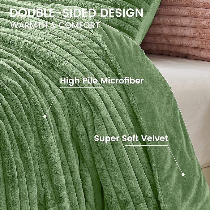 Simple&Opulence Fluffy Faux Fur Comforter Set, Plush Fuzzy Minky Bedding Set, 3 Pieces Warm Soft Comforter Bedding Set for Winter - 1 Shaggy Comforter with 2 Pillow Shams(Queen, Striped - Green)