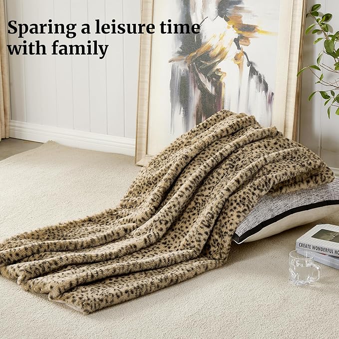 JONIYEAR Decorative Brown Leopard Print Faux Rabbit Fur Throw Blanket 50" x 60", Double Sided Soft Thick Warm Cheetah Blankets for Winter,Cute Accent Cozy Plush Animal Blanket for Women,Breathable,Tan