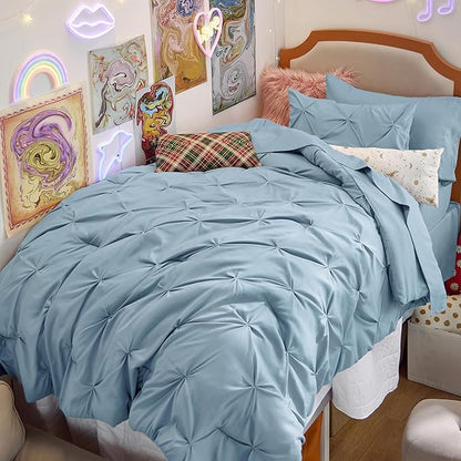 Bedsure Twin XL Comforter Set - Extra Long 5 Pieces Dorm Bedding Sets, GentleSoft™ Pinch Pleat Light Blue Bed in a Bag with Pintuck Comforter, Sheets, Pillowcase & Sham