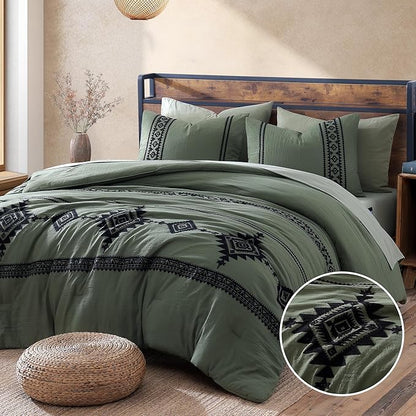 MaiRêve Embroidery Comforter Set, Boho Farmhouse Western Bedding Set, All Season Bed in A Bag Comforter Set with Sheets, Pillowcases & Shams, Olive Green King 7 Pieces