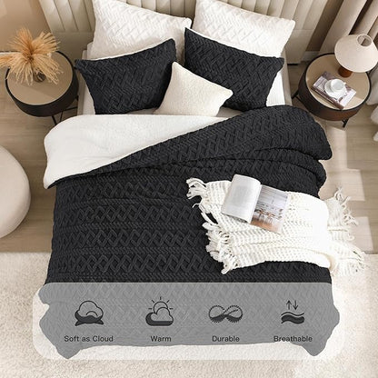 Andency Fluffy Comforter Set King Size, Black Sherpa Fleece Super Soft Warm Bedding for Winter, Luxury Boho Jacquard Thick Fuzzy Plush Bed Set 3 Pieces(1 Shaggy Comforter, 2 Pillowcases)