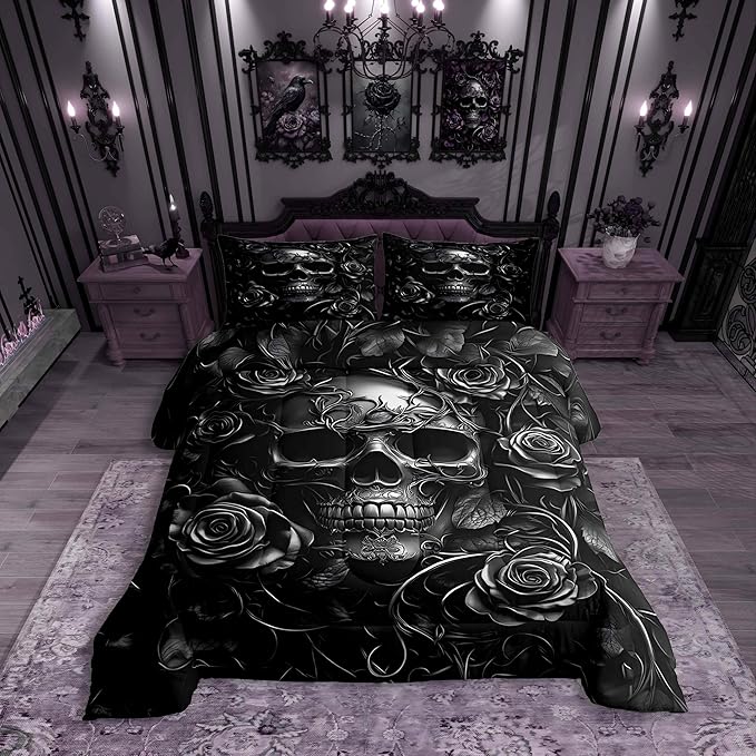 Erosebridal Gothic Bedding Set for Adluts Kids Teens Goth Skull Queen Comforter Set Vintage Victorian Romantic Gray Rose Floral Quilt Spooky Grunge Skeleton Boho Horror Bedding,Gothic Decor