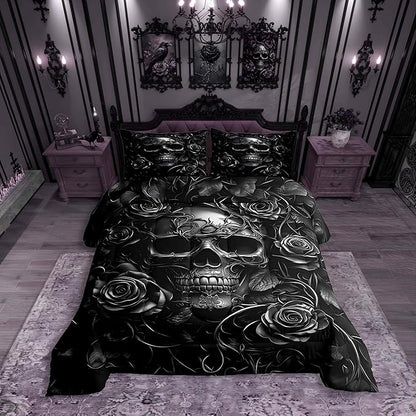 Erosebridal Gothic Bedding Set for Adluts Kids Teens Goth Skull Queen Comforter Set Vintage Victorian Romantic Gray Rose Floral Quilt Spooky Grunge Skeleton Boho Horror Bedding,Gothic Decor