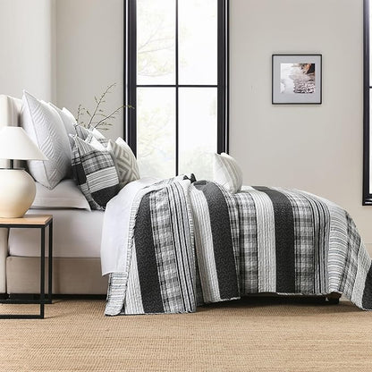 Homzard California King Comforter Set - 100% Cotton Bedding Comforter Set,Black Plaid Striped Oversized King Quilt, Black White Grey Farmhouse Bedspread (118 * 106 Inch) with 2 Pillow Shams,3 Pieces | Breathable, Lightweight, Reversible, All Season