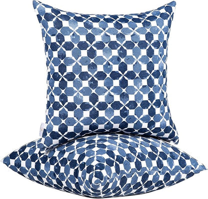 JMGBird Waterproof Outdoor Pillows Set of 2, 18x18 inch Weather Resistant White with Diamond Blue Petal Pattern Throw Pillows with Inserts for Patio Furniture
