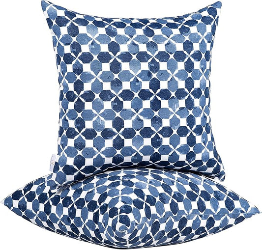 JMGBird Waterproof Outdoor Pillows Set of 2, 18x18 inch Weather Resistant White with Diamond Blue Petal Pattern Throw Pillows with Inserts for Patio Furniture