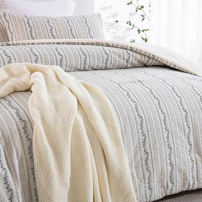 100% Cotton Jacquard Comforter Set, Striped Floral Print, Soft Lightweight Reversible 3 Piece Bedding Sets for All Season, King(104"x90")