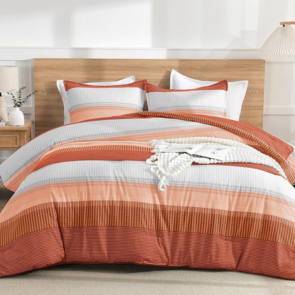 Litanika Burnt Orange Bed Comforter Full Size Set, 3 Pieces Boho Terracotta Stripe Colorblock Soft Bedding Comforter Set, Rust Fluffy Bed Set (79x90In Comforter & 2 Pillowcases)
