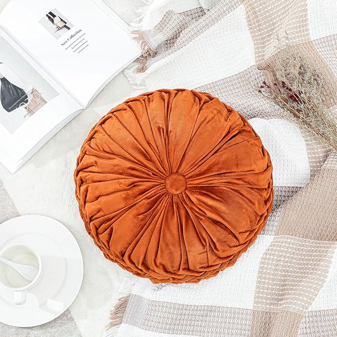 1 Pcs Round Throw Pillows Decorative Velvet Pleated Throw Pillows 15'' Diameter Accent Pumpkin Boho Chair Cushion for Couch Sofa Chair Bed Home Decoration (Burnt Orange)