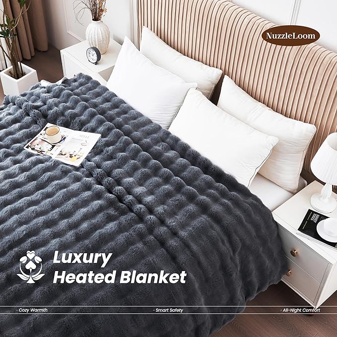 Heated Blanket Throw 50''x60'', Fast Heating Electric Blanket Ultra-Soft Faux Rabbit Fur with 5 Heat Levels & 5H Auto Shut-Off, Overheat Protection, Machine Washable