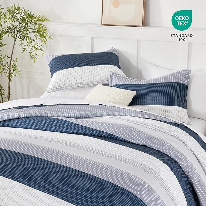 Andency Comforter Set Mineral Blue Oversized Queen(98"x98")- 7 Pieces Striped Lightweight Bed in a Bag, Soft Reversible Bedding Set with Comforter, Fitted & Flat Sheet, Pillowcases & Shams
