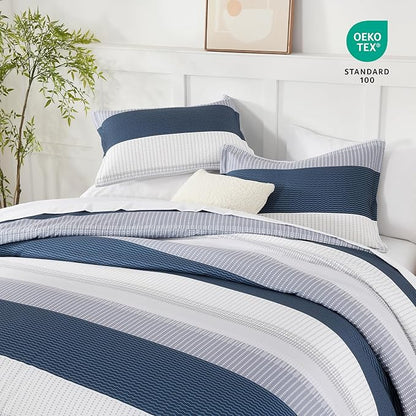 Andency Comforter Set Mineral Blue Oversized King(120"x120")- 7 Pieces Striped Lightweight Bed in a Bag, Soft Reversible Bedding Set with Comforter, Fitted & Flat Sheet, Pillowcases & Shams