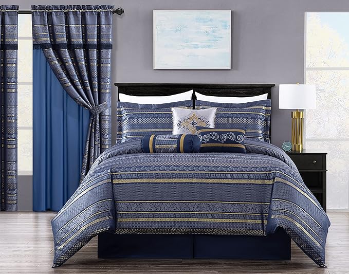 Chezmoi Collection Rio 7-Piece King Jacquard Comforter Set - Blue Gold Floral Geometric Damask Woven Bedding Set