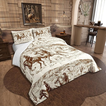 Erosebridal Western Comforter Set King Size Cowboy Bedding Set American Wild West Desert Hand Drawn Illustration Down Comforter Country Theme Bedroom Decor Duvet Set for Boys Men Teens